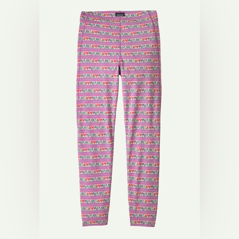 Patagonia Kids' Capilene Midweight Bottoms Pink 'My Planet' Patterned Leggings
